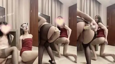 伪娘 两条小母狗邓邓和露丝 穿着情趣内衣和连体开档丝袜搔首弄姿 自插菊花