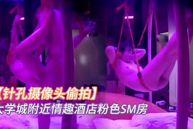 针孔摄像头偷拍大学城附近情趣酒店粉色SM房小情侣看着满屋的情趣用具研究如何玩最后把女友吊着肏